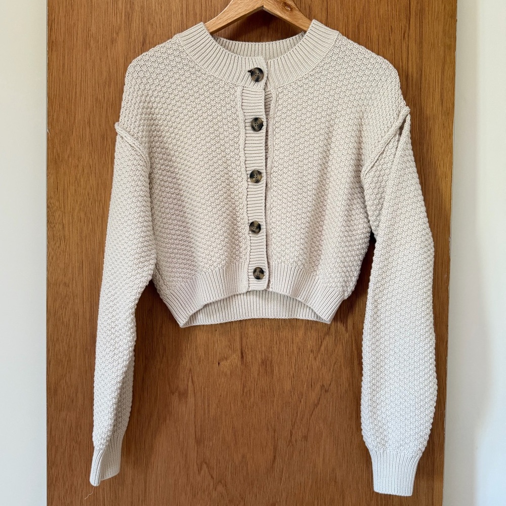 Free People cropped cotton-blend seed stitch cardigan in cream size S